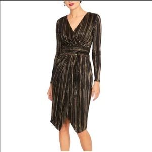 RACHEL ROY Black Gold V Neck Pleated Faux Wrap Cocktail Dress.LIKE NEW CONDITION
